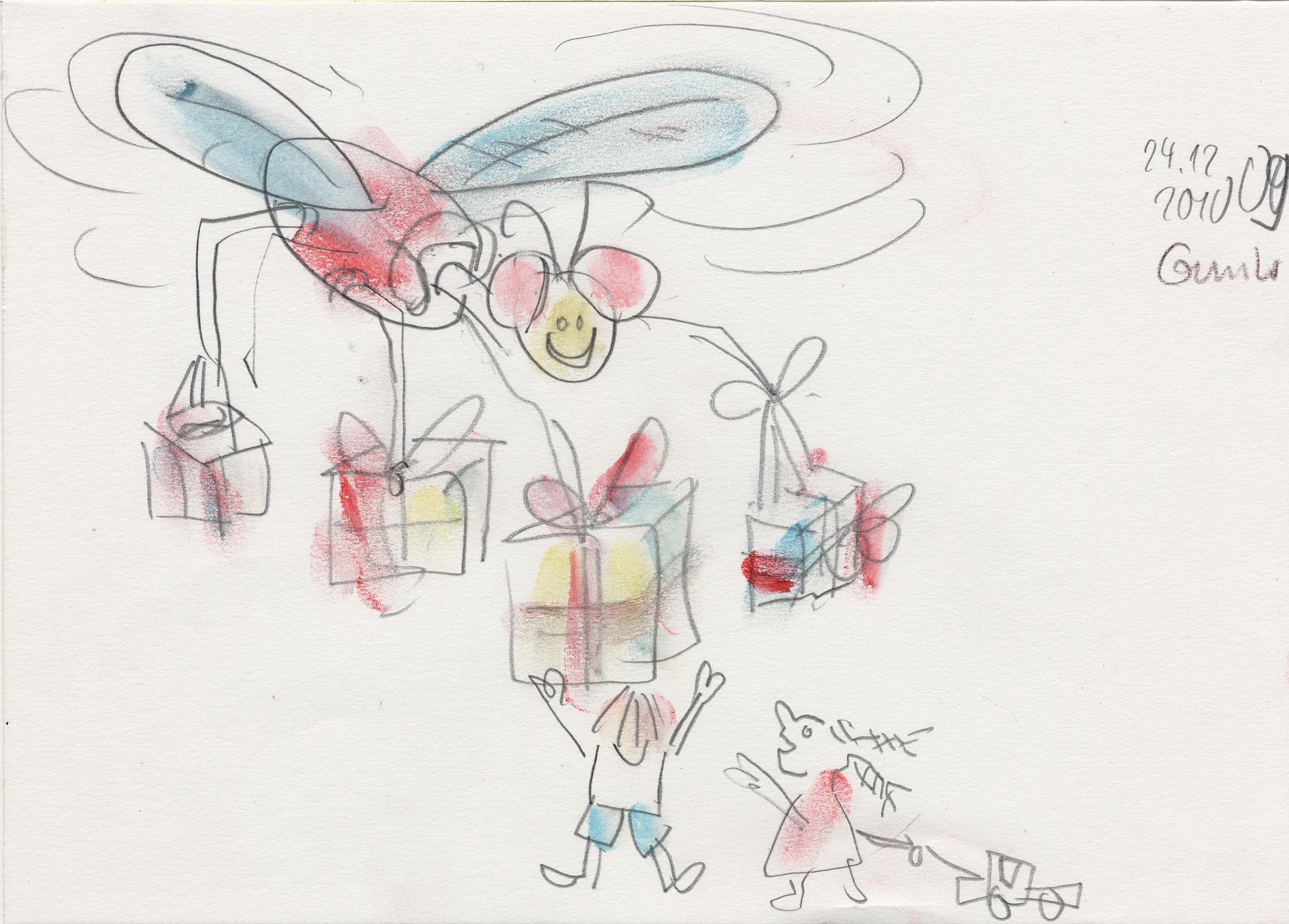 Gunter Langer, Karikatur Kinder, 2010, Gouache Wasserfarbe Bleistift, Karton, 21 x 30 cm